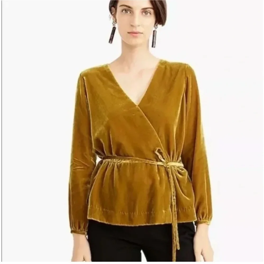 J. Crew Blouse Faux Wrap Holiday Party Drapey Velvet Golden Amber Women's 14 - Picture 1 of 14